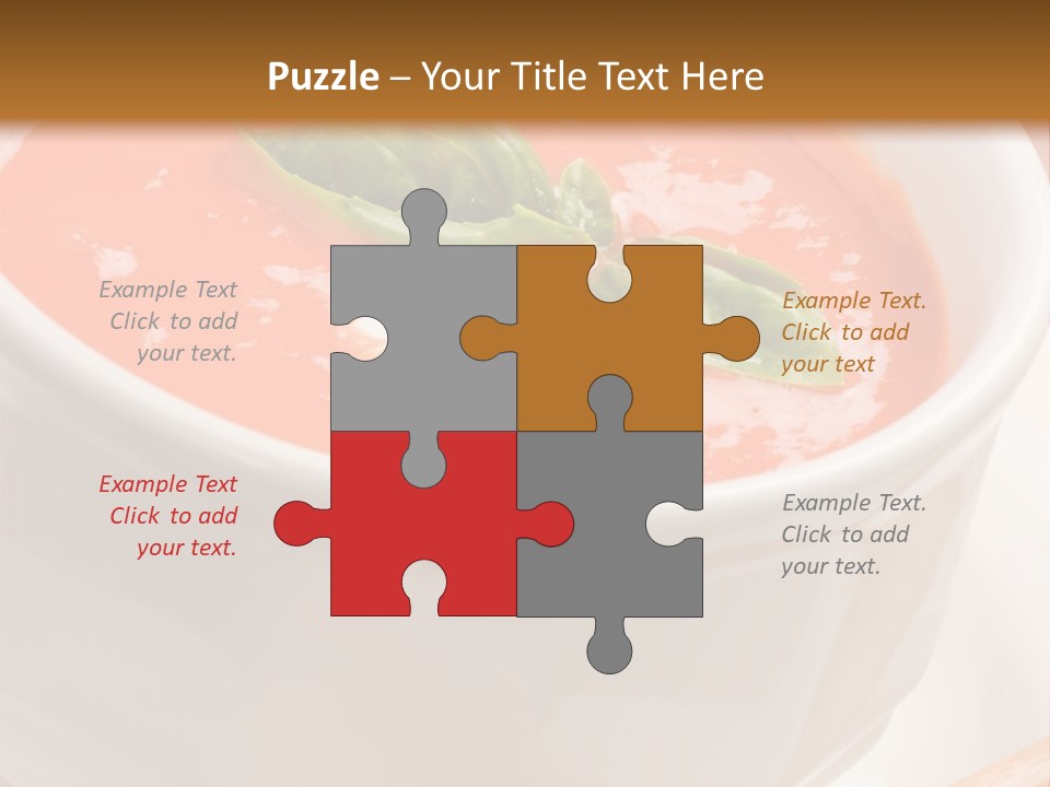 Closeup Of Bowls Of Delicious Tomato Soup Garnished With Cream And Basil Leaves PowerPoint Template