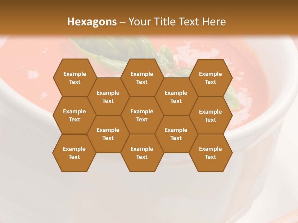 Closeup Of Bowls Of Delicious Tomato Soup Garnished With Cream And Basil Leaves PowerPoint Template