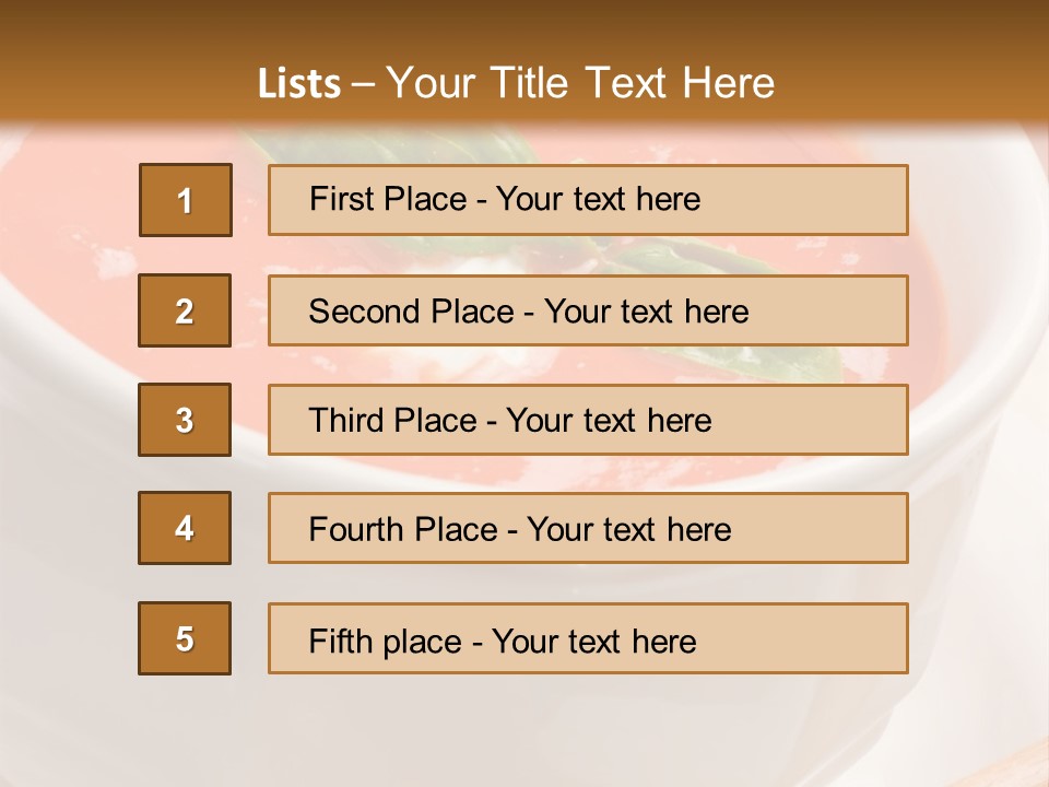 Closeup Of Bowls Of Delicious Tomato Soup Garnished With Cream And Basil Leaves PowerPoint Template