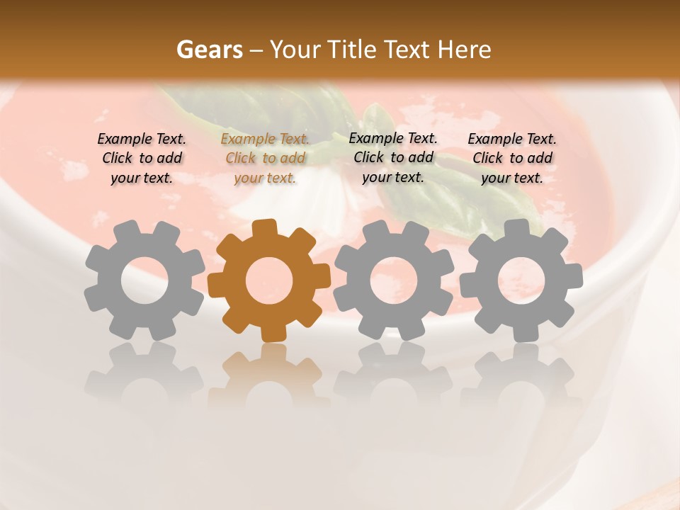 Closeup Of Bowls Of Delicious Tomato Soup Garnished With Cream And Basil Leaves PowerPoint Template