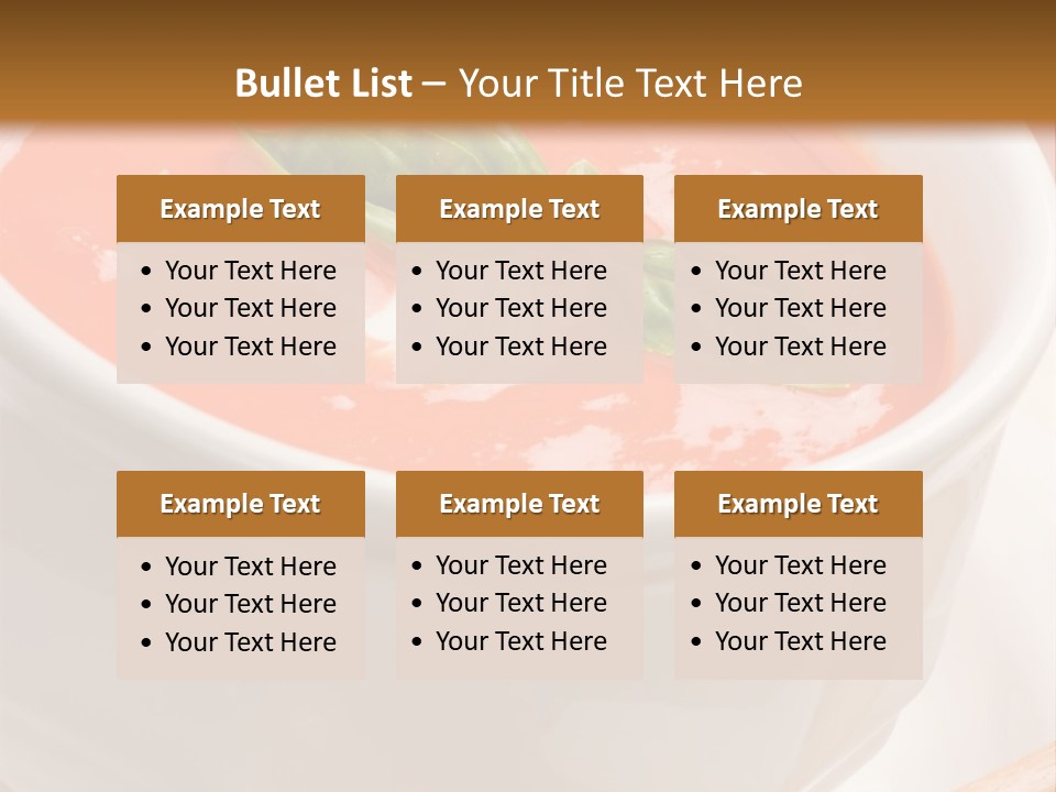 Closeup Of Bowls Of Delicious Tomato Soup Garnished With Cream And Basil Leaves PowerPoint Template