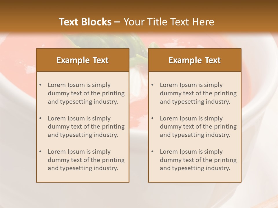 Closeup Of Bowls Of Delicious Tomato Soup Garnished With Cream And Basil Leaves PowerPoint Template