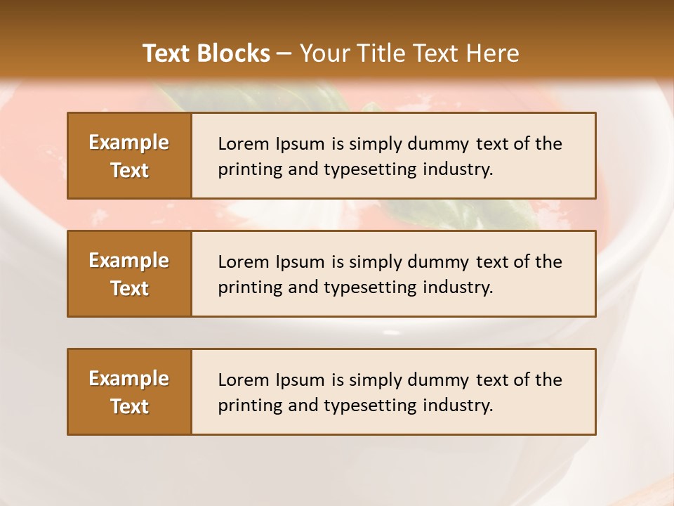Closeup Of Bowls Of Delicious Tomato Soup Garnished With Cream And Basil Leaves PowerPoint Template