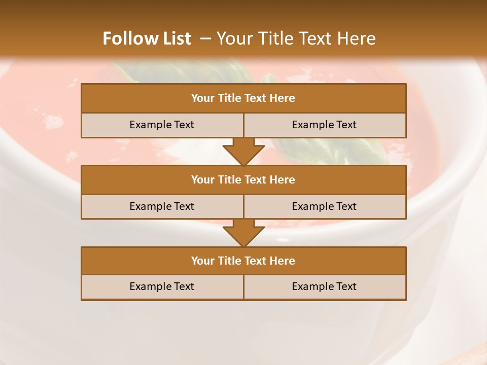 Closeup Of Bowls Of Delicious Tomato Soup Garnished With Cream And Basil Leaves PowerPoint Template