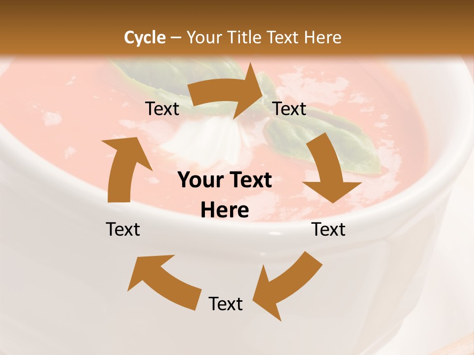 Closeup Of Bowls Of Delicious Tomato Soup Garnished With Cream And Basil Leaves PowerPoint Template