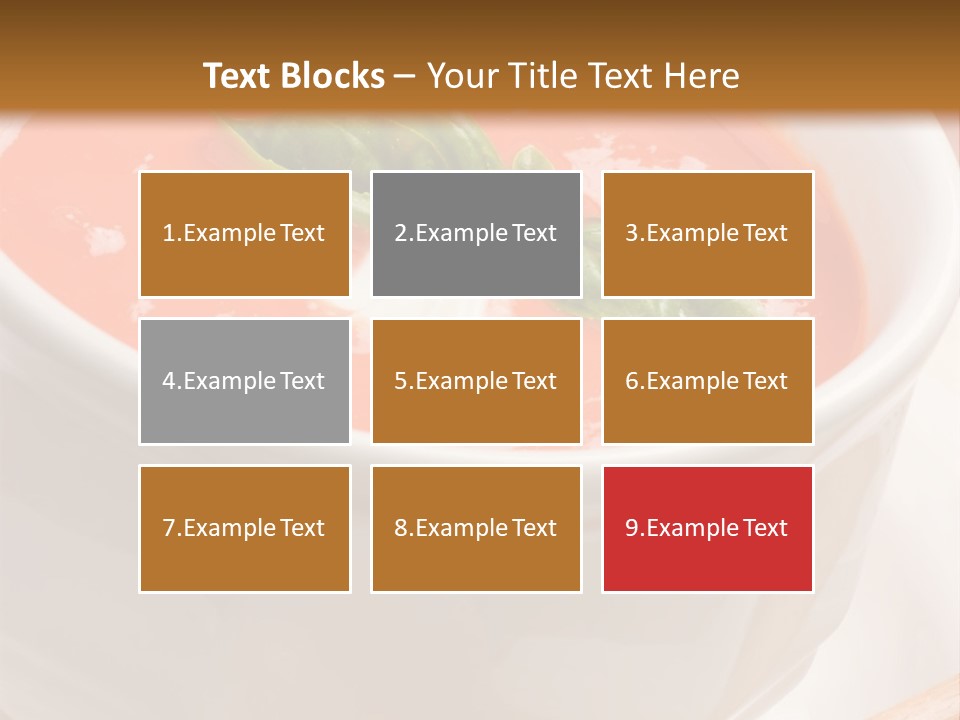 Closeup Of Bowls Of Delicious Tomato Soup Garnished With Cream And Basil Leaves PowerPoint Template
