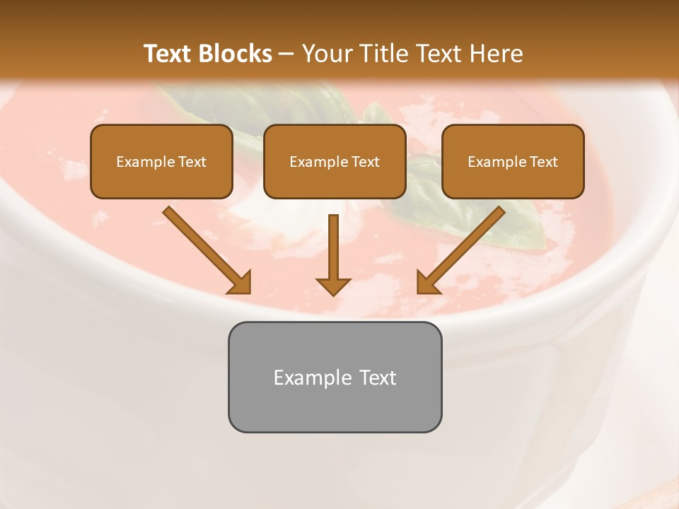 Closeup Of Bowls Of Delicious Tomato Soup Garnished With Cream And Basil Leaves PowerPoint Template