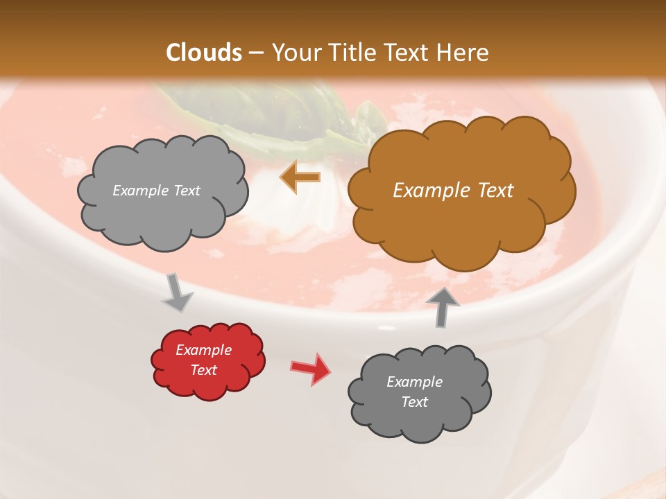 Closeup Of Bowls Of Delicious Tomato Soup Garnished With Cream And Basil Leaves PowerPoint Template