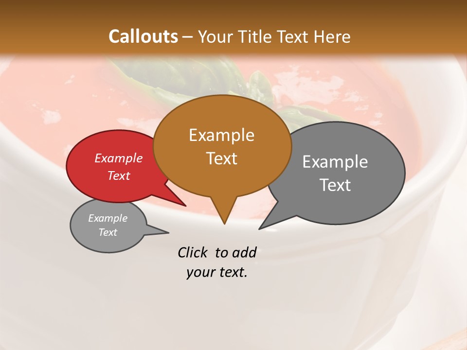 Closeup Of Bowls Of Delicious Tomato Soup Garnished With Cream And Basil Leaves PowerPoint Template