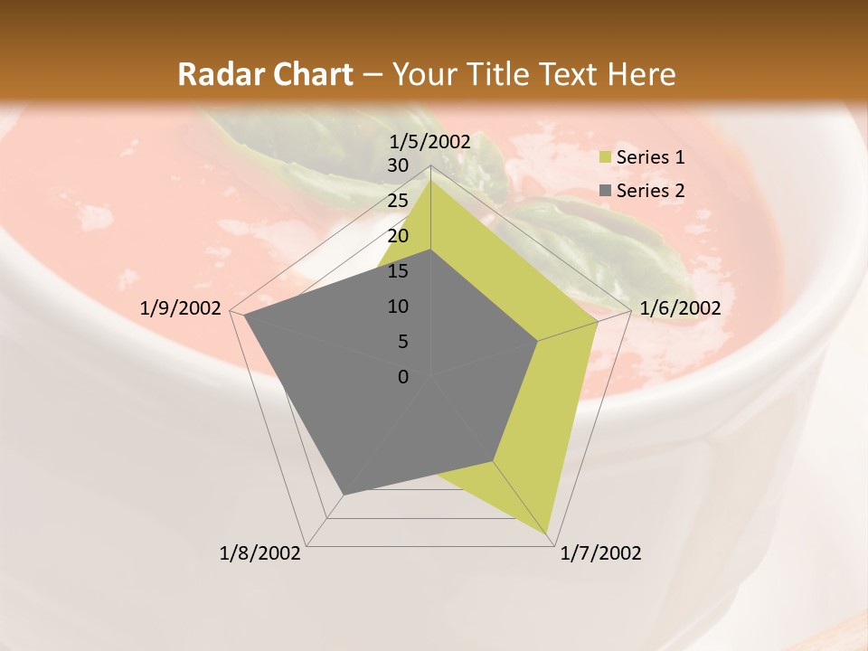 Closeup Of Bowls Of Delicious Tomato Soup Garnished With Cream And Basil Leaves PowerPoint Template