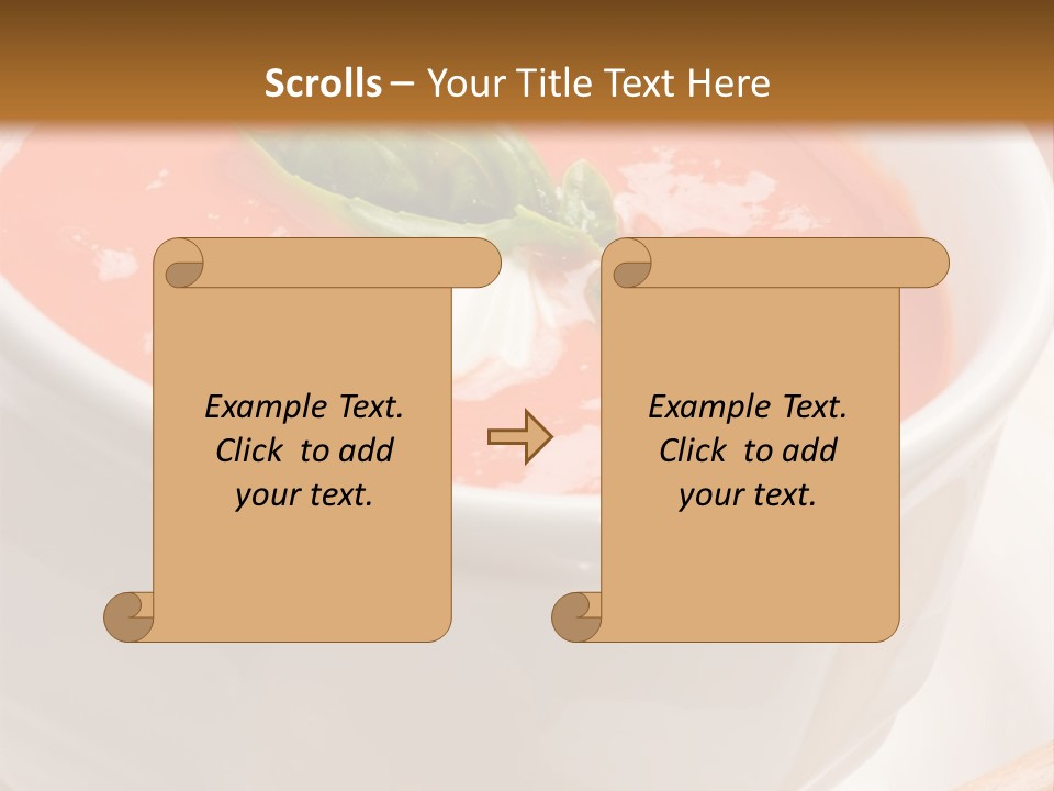 Closeup Of Bowls Of Delicious Tomato Soup Garnished With Cream And Basil Leaves PowerPoint Template