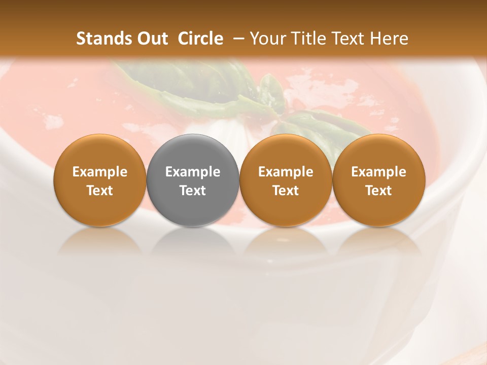 Closeup Of Bowls Of Delicious Tomato Soup Garnished With Cream And Basil Leaves PowerPoint Template