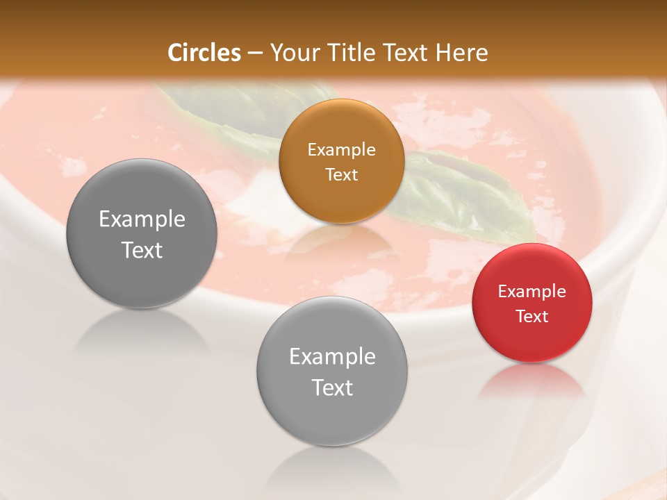 Closeup Of Bowls Of Delicious Tomato Soup Garnished With Cream And Basil Leaves PowerPoint Template