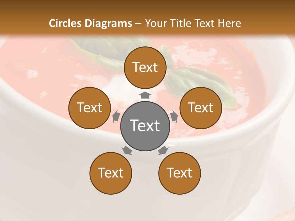 Closeup Of Bowls Of Delicious Tomato Soup Garnished With Cream And Basil Leaves PowerPoint Template