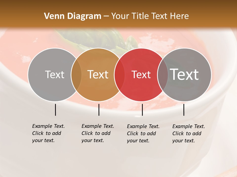 Closeup Of Bowls Of Delicious Tomato Soup Garnished With Cream And Basil Leaves PowerPoint Template