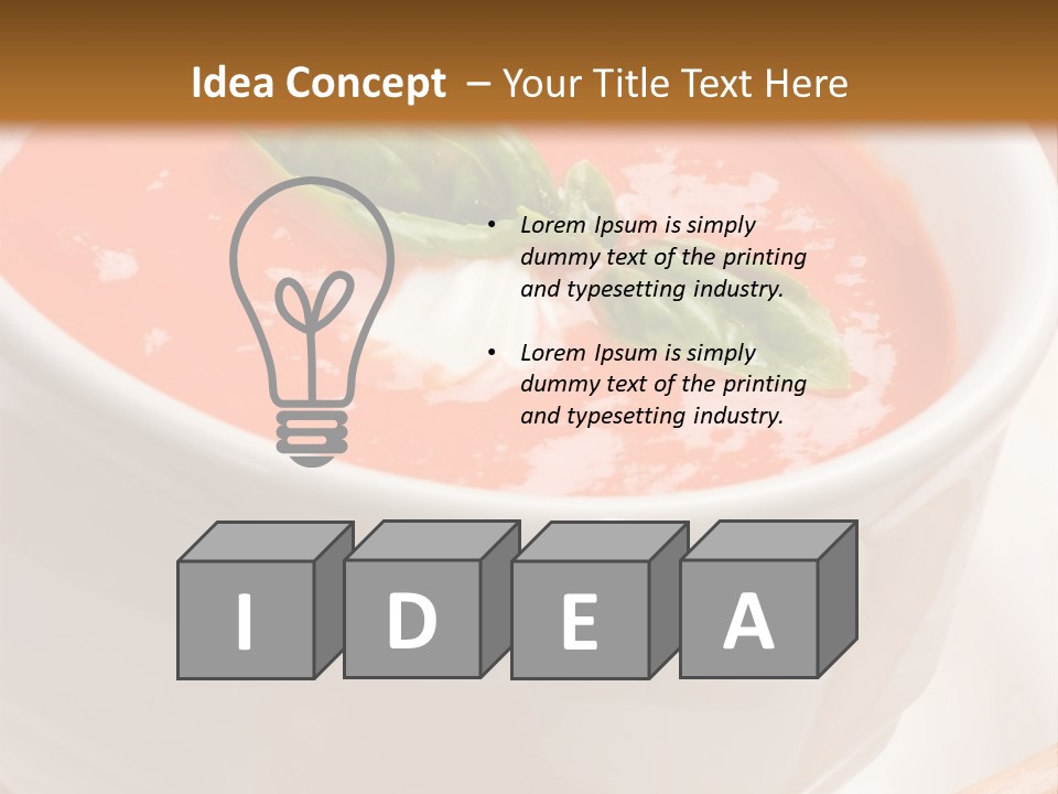 Closeup Of Bowls Of Delicious Tomato Soup Garnished With Cream And Basil Leaves PowerPoint Template