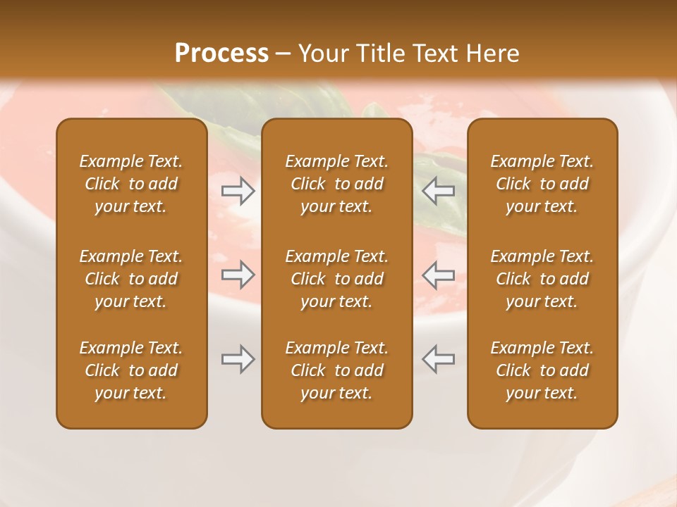 Closeup Of Bowls Of Delicious Tomato Soup Garnished With Cream And Basil Leaves PowerPoint Template
