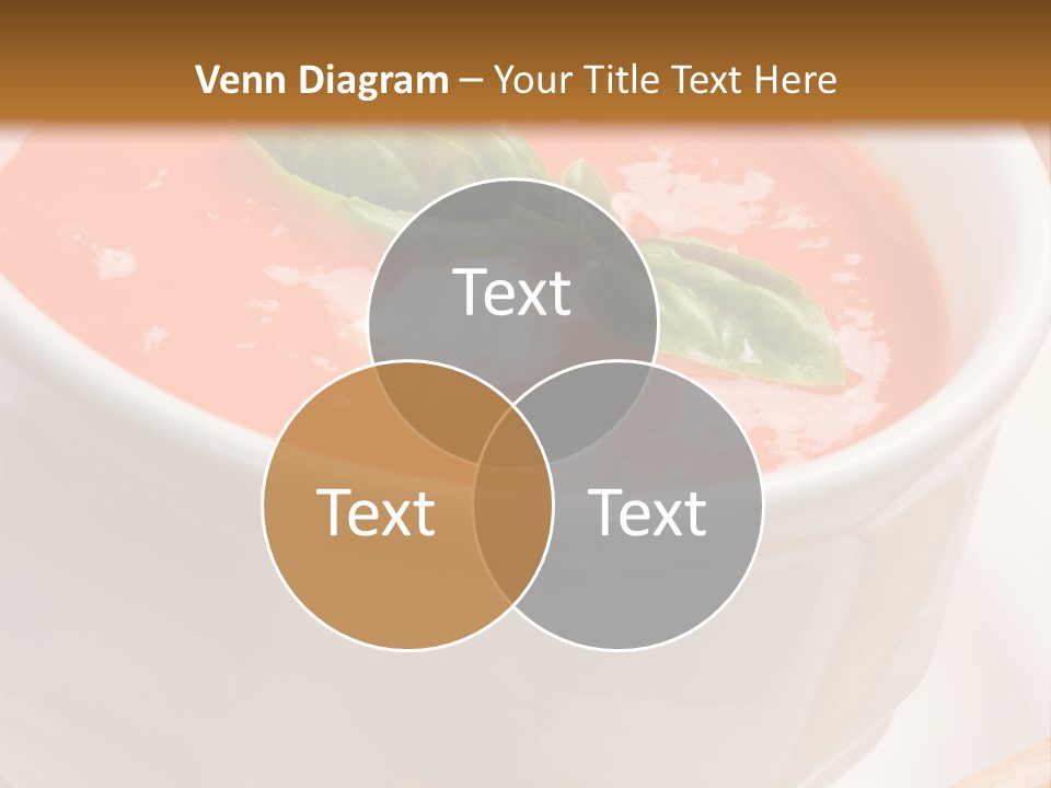Closeup Of Bowls Of Delicious Tomato Soup Garnished With Cream And Basil Leaves PowerPoint Template