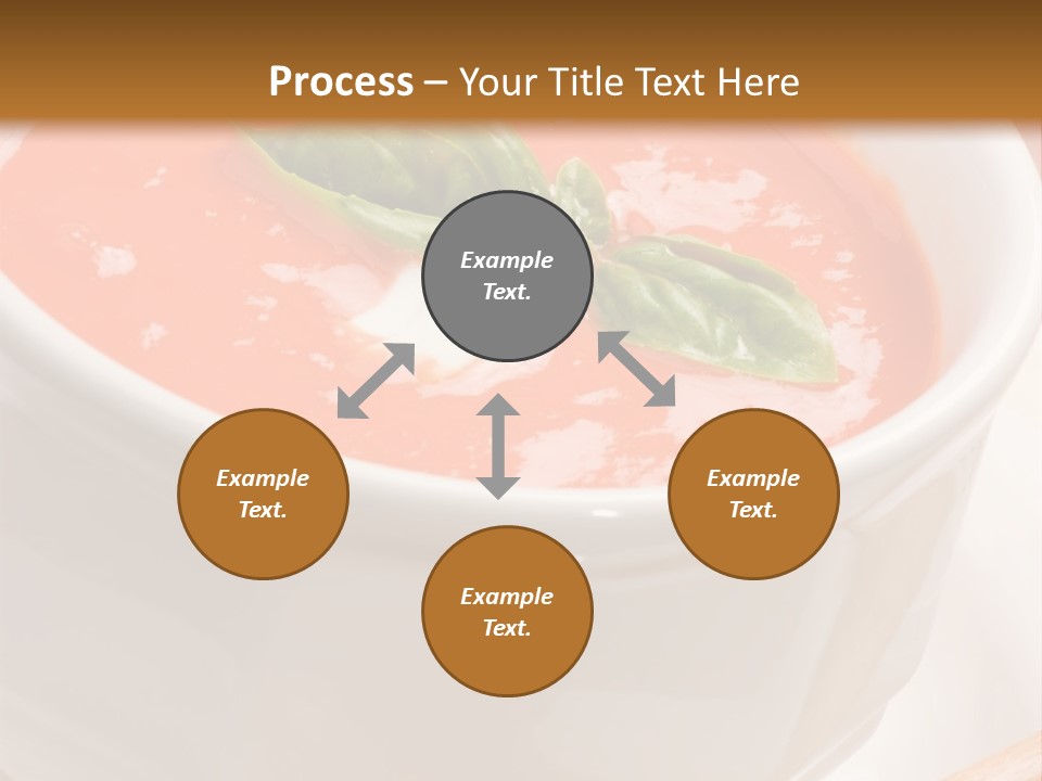 Closeup Of Bowls Of Delicious Tomato Soup Garnished With Cream And Basil Leaves PowerPoint Template