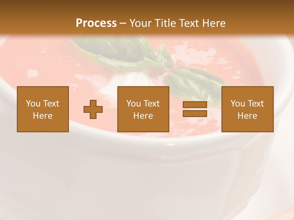 Closeup Of Bowls Of Delicious Tomato Soup Garnished With Cream And Basil Leaves PowerPoint Template