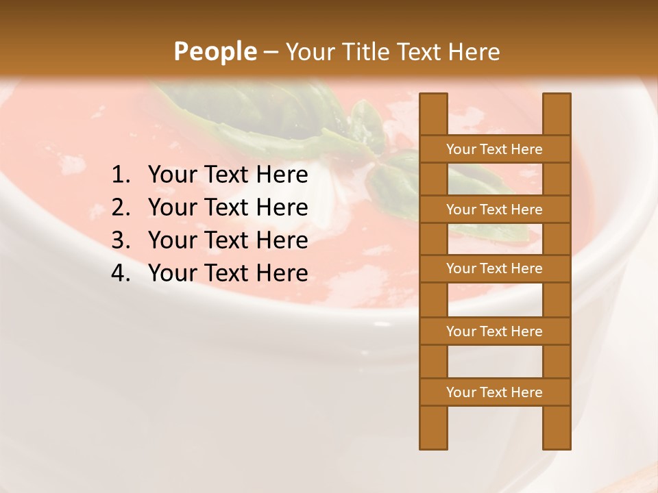 Closeup Of Bowls Of Delicious Tomato Soup Garnished With Cream And Basil Leaves PowerPoint Template