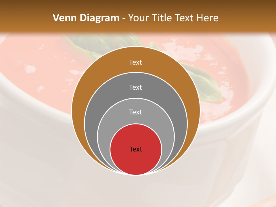 Closeup Of Bowls Of Delicious Tomato Soup Garnished With Cream And Basil Leaves PowerPoint Template