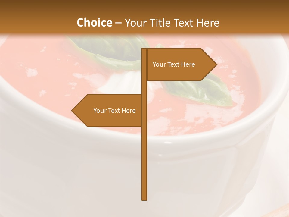 Closeup Of Bowls Of Delicious Tomato Soup Garnished With Cream And Basil Leaves PowerPoint Template