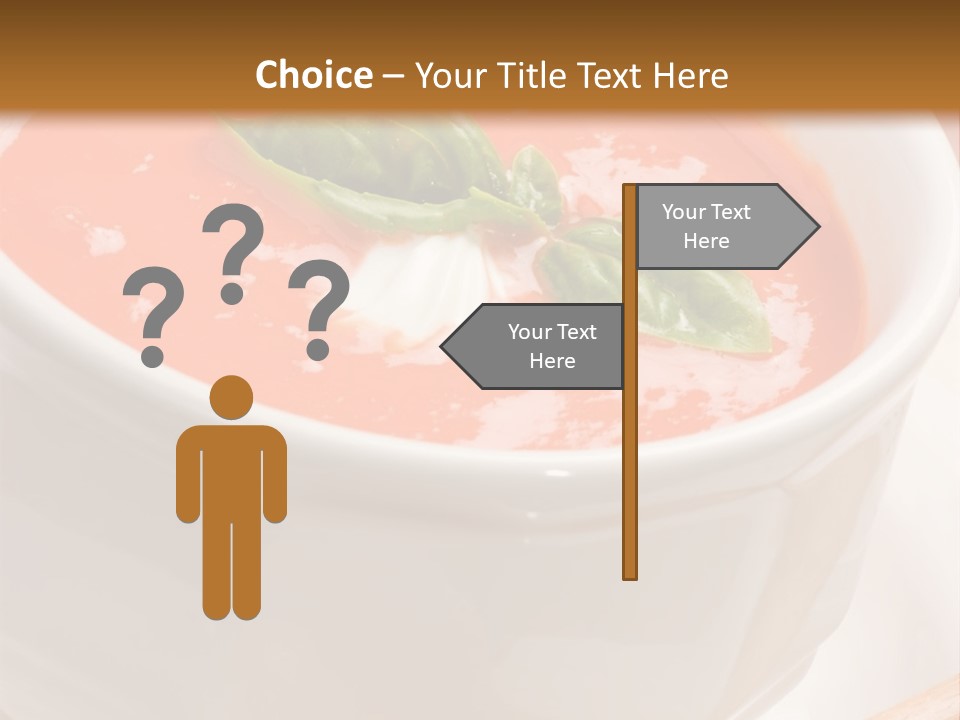 Closeup Of Bowls Of Delicious Tomato Soup Garnished With Cream And Basil Leaves PowerPoint Template