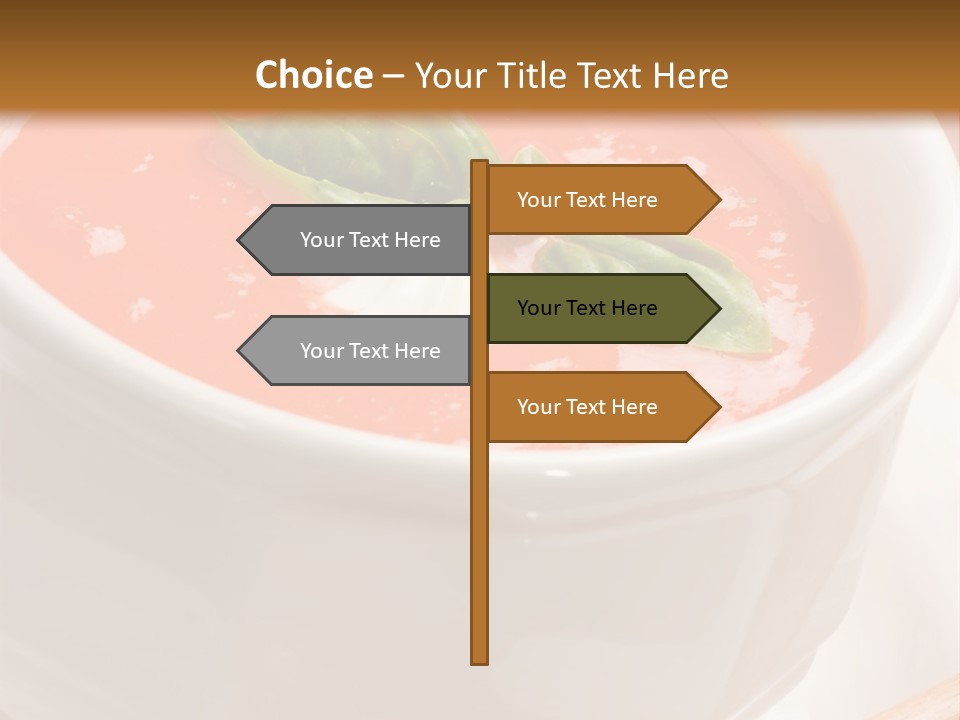 Closeup Of Bowls Of Delicious Tomato Soup Garnished With Cream And Basil Leaves PowerPoint Template