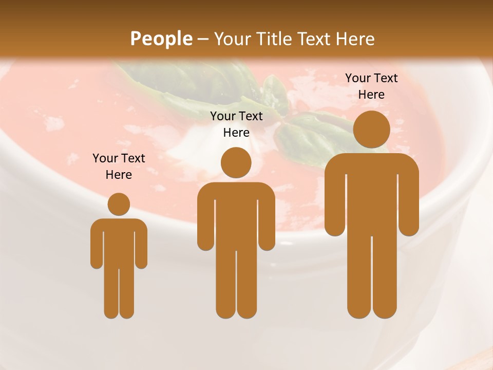 Closeup Of Bowls Of Delicious Tomato Soup Garnished With Cream And Basil Leaves PowerPoint Template