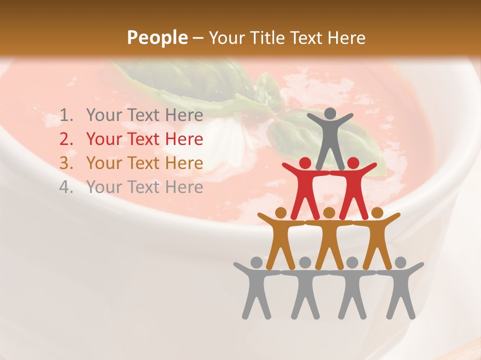 Closeup Of Bowls Of Delicious Tomato Soup Garnished With Cream And Basil Leaves PowerPoint Template