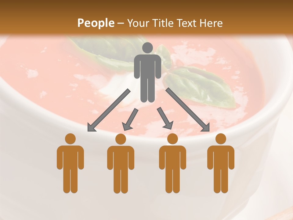 Closeup Of Bowls Of Delicious Tomato Soup Garnished With Cream And Basil Leaves PowerPoint Template