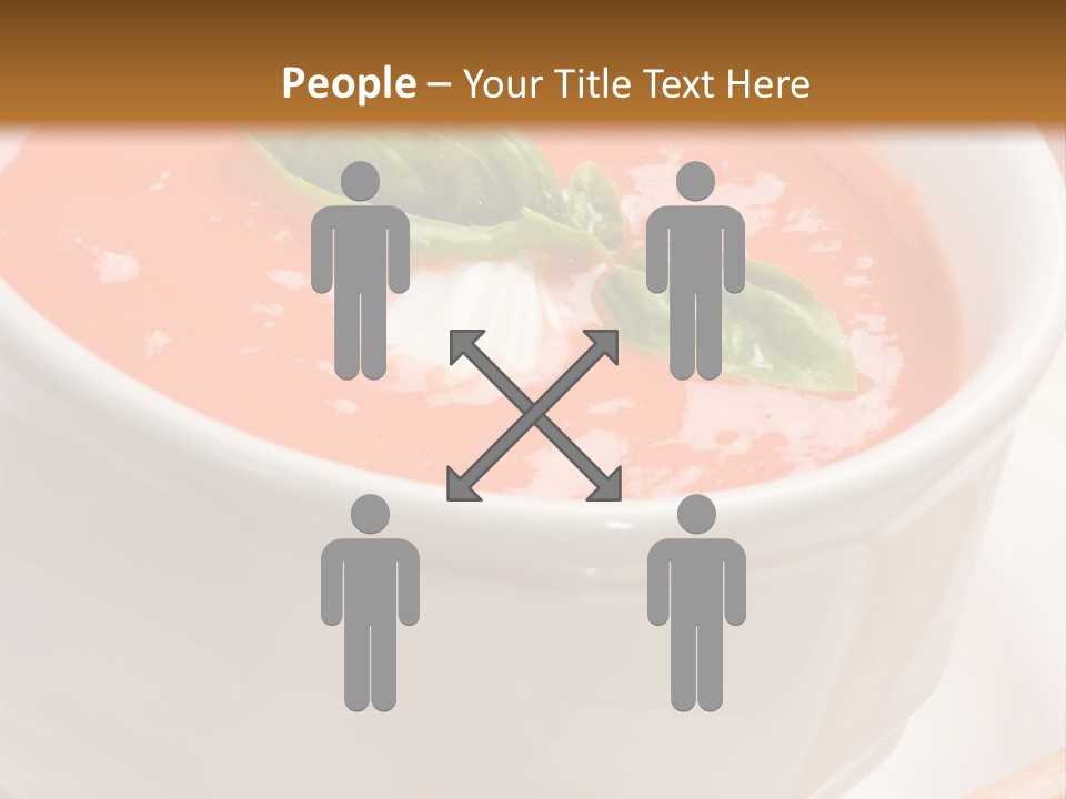 Closeup Of Bowls Of Delicious Tomato Soup Garnished With Cream And Basil Leaves PowerPoint Template