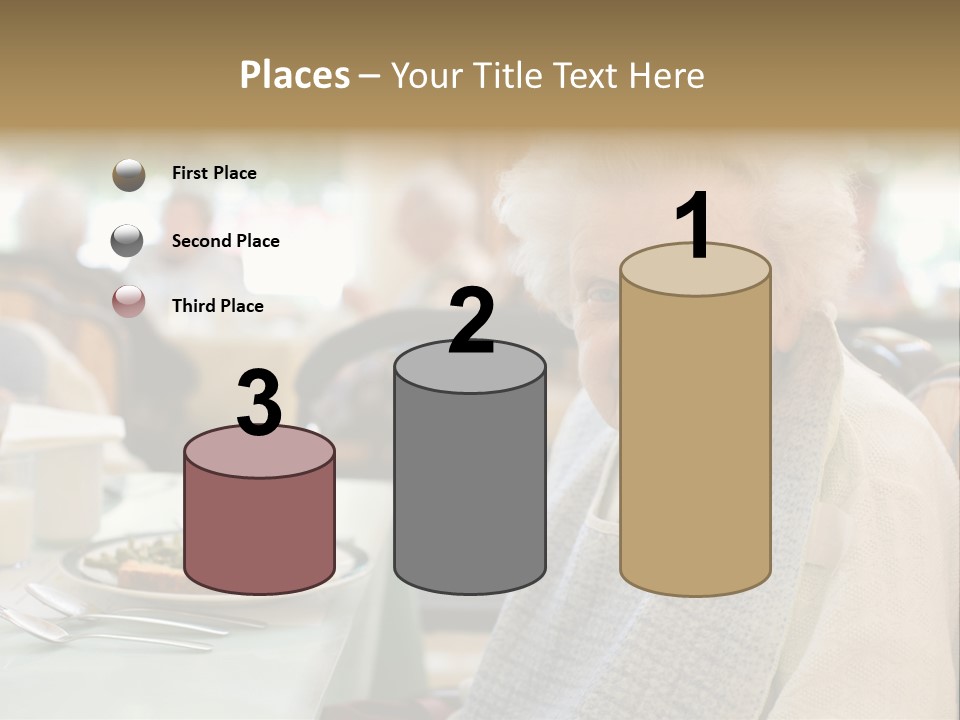 An Smiling Elderly Woman Sits Down To Enjoy A Meal At Her Nursing Home Care Center With A Sunny Background. PowerPoint Template
