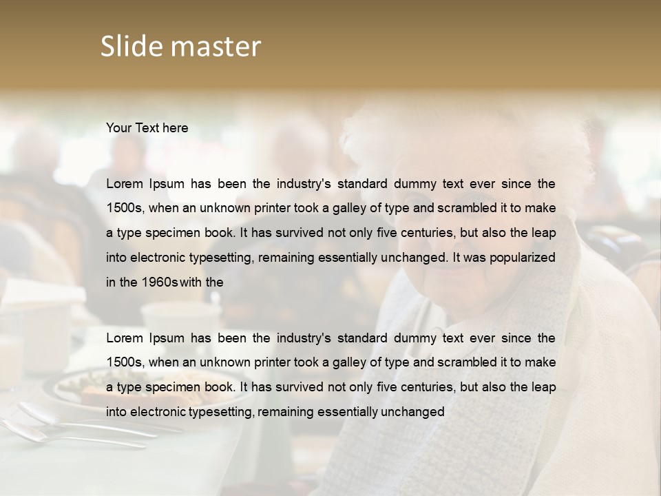 An Smiling Elderly Woman Sits Down To Enjoy A Meal At Her Nursing Home Care Center With A Sunny Background. PowerPoint Template