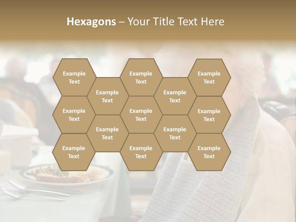 An Smiling Elderly Woman Sits Down To Enjoy A Meal At Her Nursing Home Care Center With A Sunny Background. PowerPoint Template