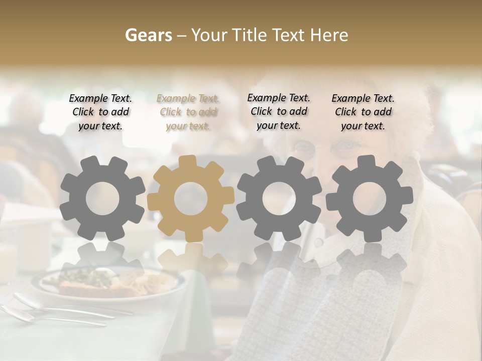 An Smiling Elderly Woman Sits Down To Enjoy A Meal At Her Nursing Home Care Center With A Sunny Background. PowerPoint Template