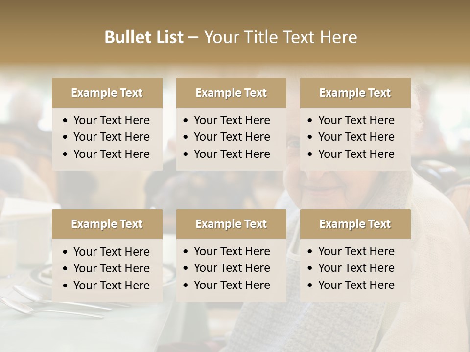 An Smiling Elderly Woman Sits Down To Enjoy A Meal At Her Nursing Home Care Center With A Sunny Background. PowerPoint Template