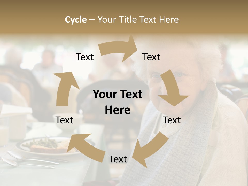 An Smiling Elderly Woman Sits Down To Enjoy A Meal At Her Nursing Home Care Center With A Sunny Background. PowerPoint Template