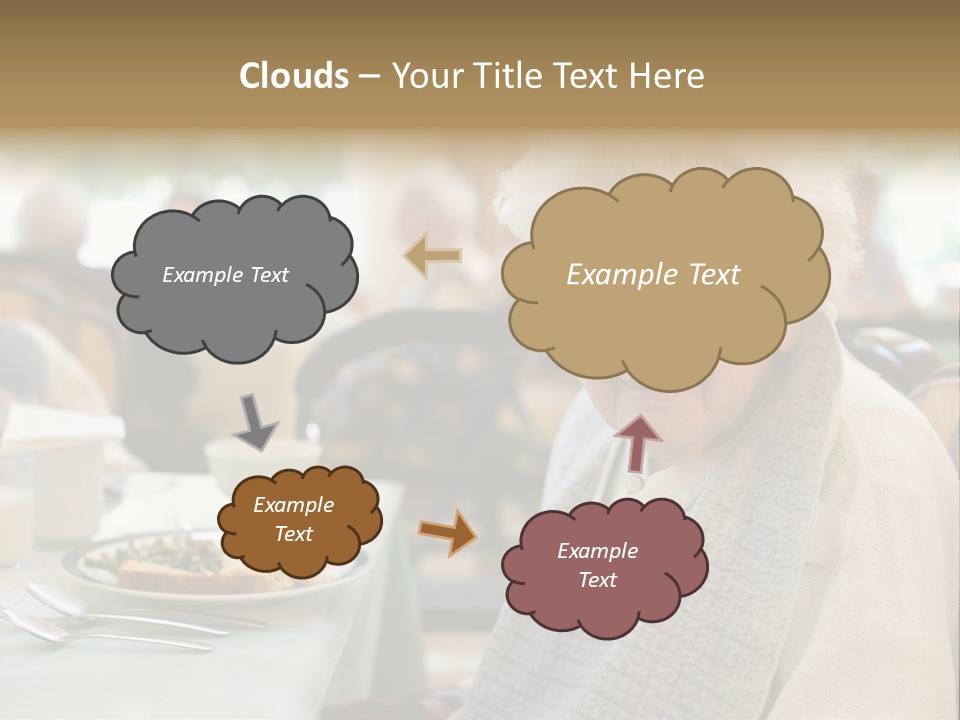 An Smiling Elderly Woman Sits Down To Enjoy A Meal At Her Nursing Home Care Center With A Sunny Background. PowerPoint Template