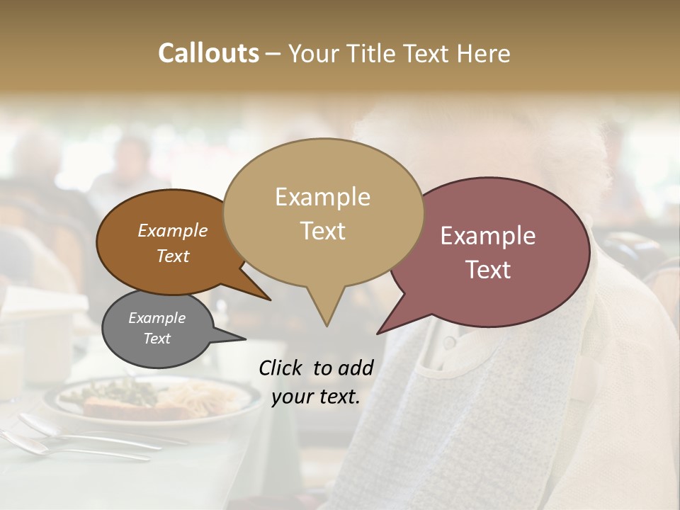 An Smiling Elderly Woman Sits Down To Enjoy A Meal At Her Nursing Home Care Center With A Sunny Background. PowerPoint Template