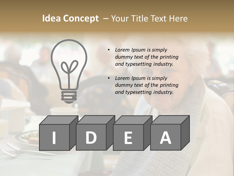 An Smiling Elderly Woman Sits Down To Enjoy A Meal At Her Nursing Home Care Center With A Sunny Background. PowerPoint Template