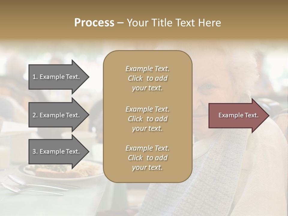 An Smiling Elderly Woman Sits Down To Enjoy A Meal At Her Nursing Home Care Center With A Sunny Background. PowerPoint Template
