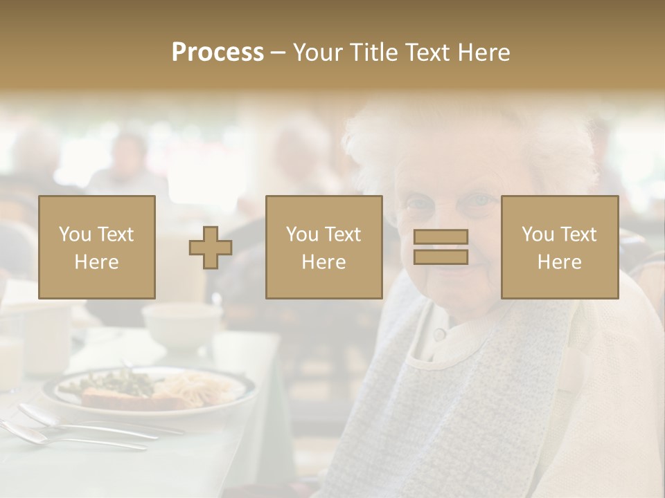 An Smiling Elderly Woman Sits Down To Enjoy A Meal At Her Nursing Home Care Center With A Sunny Background. PowerPoint Template