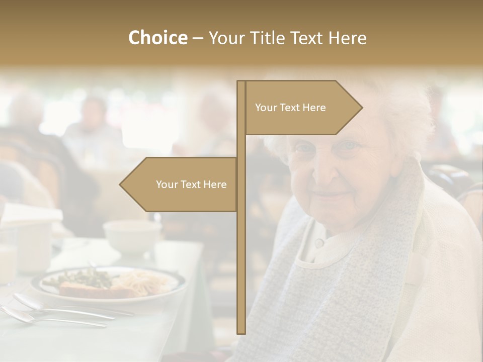 An Smiling Elderly Woman Sits Down To Enjoy A Meal At Her Nursing Home Care Center With A Sunny Background. PowerPoint Template