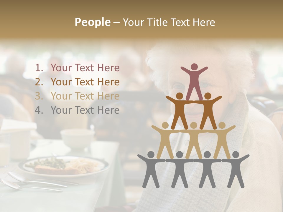 An Smiling Elderly Woman Sits Down To Enjoy A Meal At Her Nursing Home Care Center With A Sunny Background. PowerPoint Template