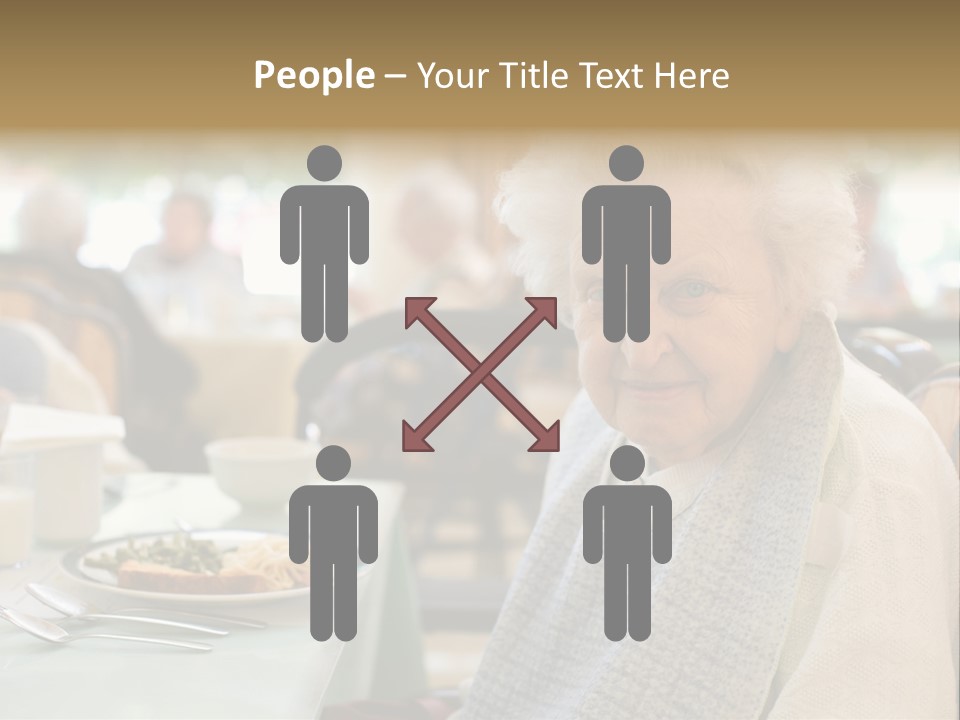An Smiling Elderly Woman Sits Down To Enjoy A Meal At Her Nursing Home Care Center With A Sunny Background. PowerPoint Template