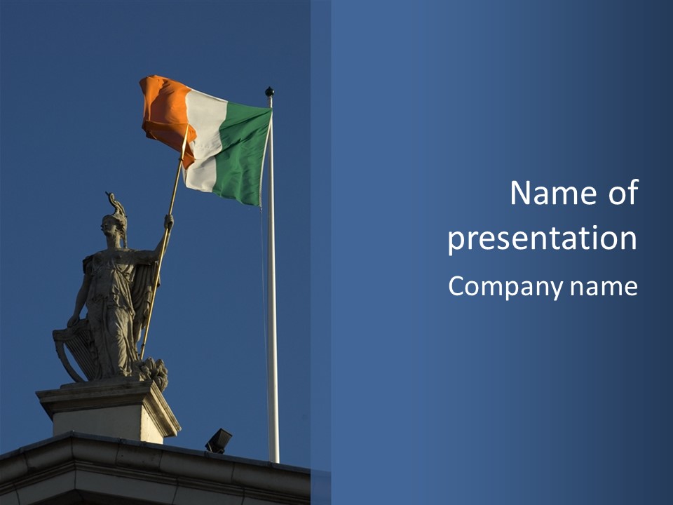 Statue And Irish Flag On Top Of The Gpo In Dublin City Shot From Below With Plenty Of Bright Blue Sky PowerPoint Template