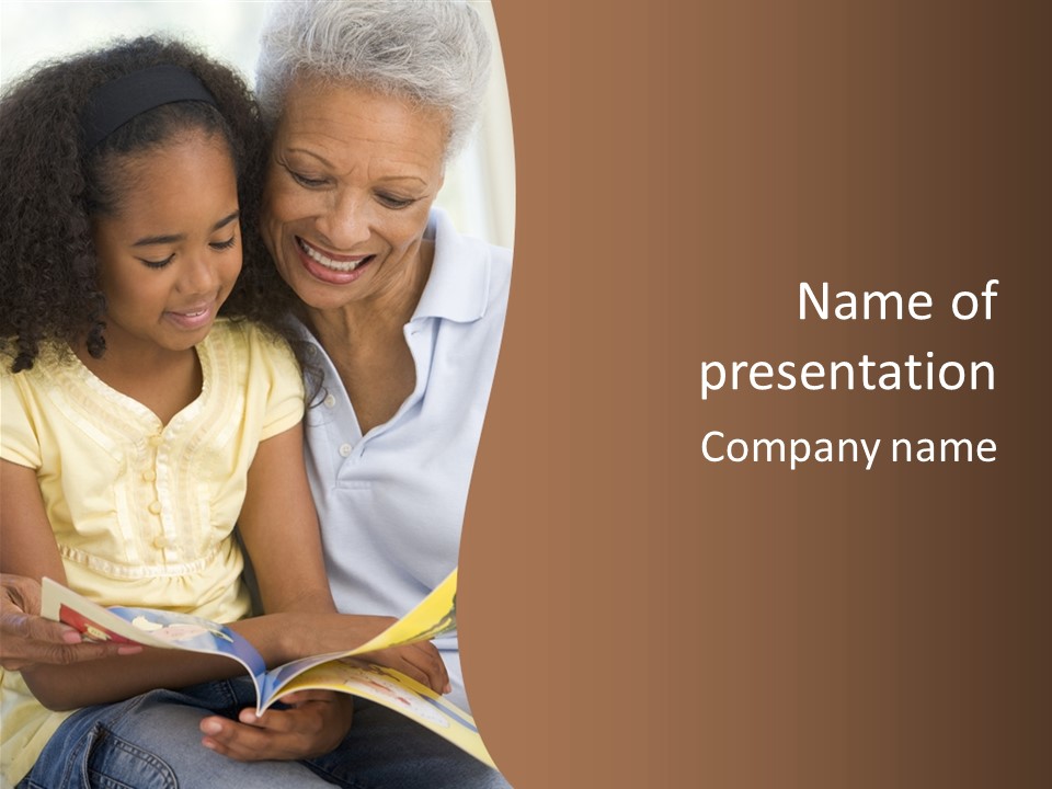 Grandmother And Granddaughter Reading And Smiling PowerPoint Template