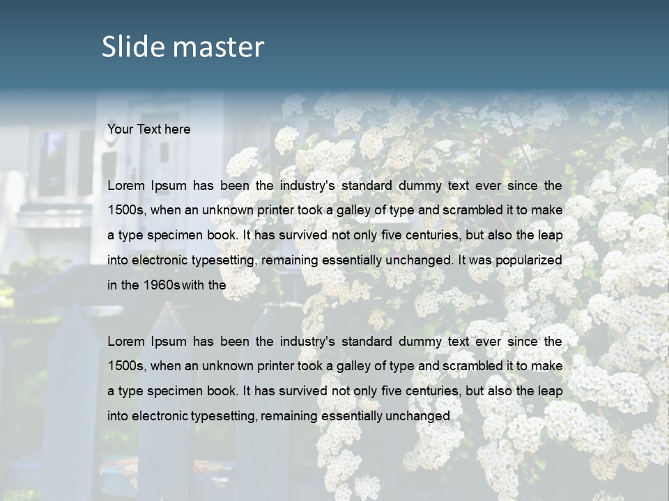 Blue Picket Fence With Flowering Bridal Wreath Shrub And Residential House PowerPoint Template